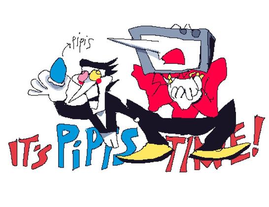 Spamton and Tenna, soamton is holding a pipis, tenna is preocupied by this. in the back the letters say : IT'S PIPIS TIME!
