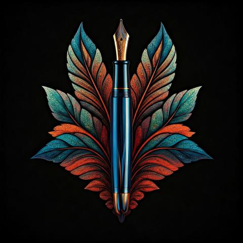 Teal fountain pen, nib pointed upwards in front of teal, purple and red faux foliage against black background.
