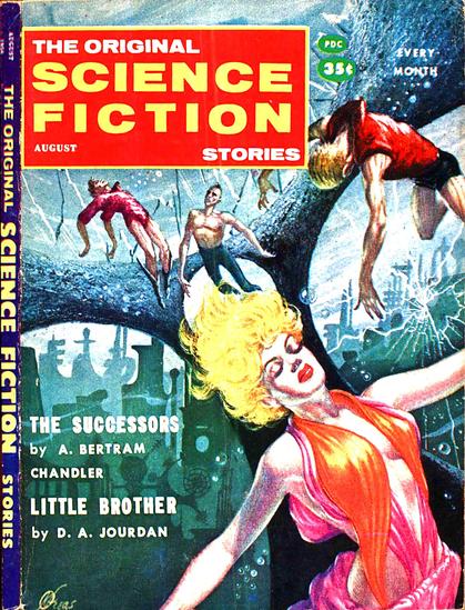 Various human figures, including an attractive blonde woman in revealing clothing up front, are floating, asleep or unconscious, in some kind of liquid, in a container with windows which are breaking; an alien cityscape is seen in darkness below.
Science Fiction Stories magazine cover from 1958.