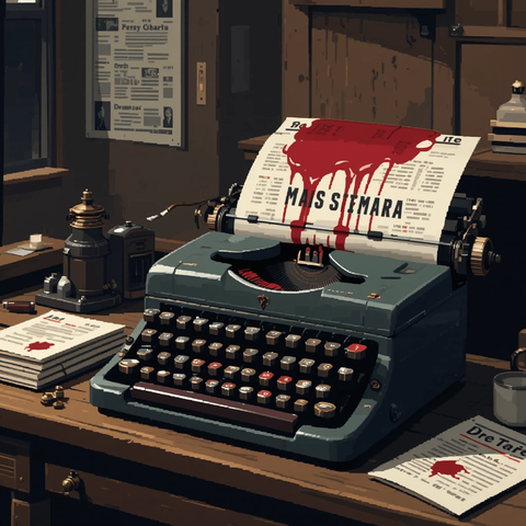 Una máquina de escribir antigua sobre un escritorio de madera, con un periódico que tiene tinta roja goteando. Alrededor, hay documentos impresos y otros objetos de oficina.