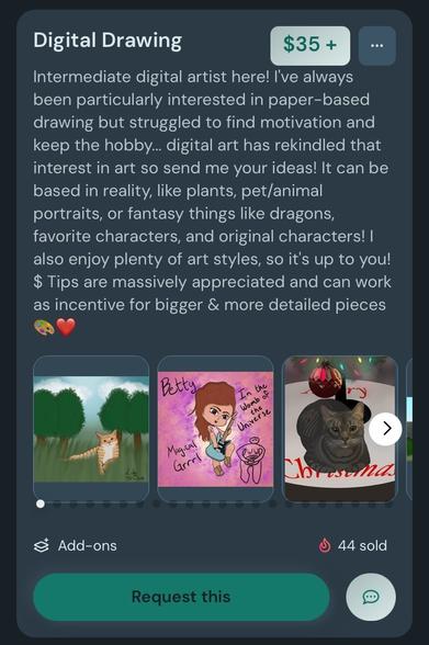 A digital drawing advertisement featuring three artworks: a cat in a natural setting, a cartoon-style portrait of a girl holding a guitar, and a festive cat illustration with Christmas decorations. The text invites requests for custom art based on various themes and mentions pricing
