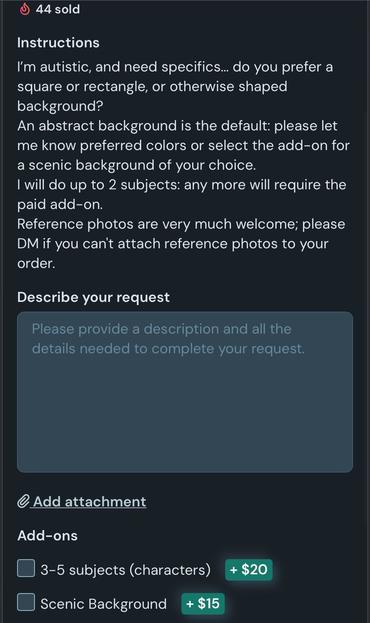 A screenshot of a service offering instructions for custom artwork. It includes details on background preferences, subject limits, and options for add-ons, along with a text box for describing requests.