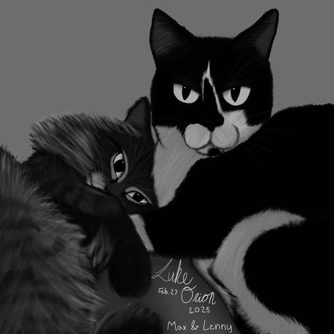 A monochromatic illustration of two cats cuddling. One has black and white fur, while the other is fluffy with darker tones. The artwork includes the names "Max & Lenny" and a date, "Feb. 27, 2025”, and is signed by the artist, Luke Orion