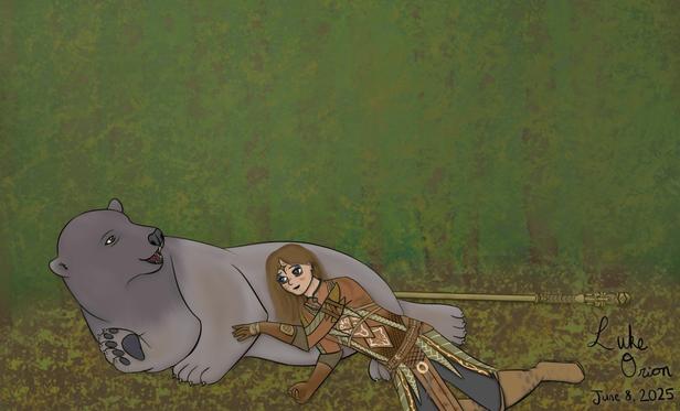 An illustration featuring a young woman in tribal-like clothing lying next to a large, relaxed bear, with a spear lying on the ground behind them. The background consists of textured green foliage. The artist's signature and date are present in the bottom right corner.