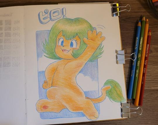 a colored pencil drawing of piro from unico, a little orange sphinx with green hair