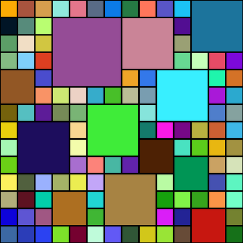 A computer generated picture of multicoloured squares of various sizes packed into a 14 by 14 grid