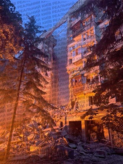 Destroyed section of civilian building in Kyiv after russia attack