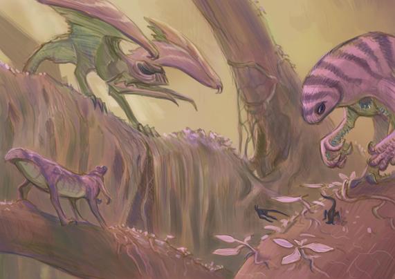 Sketch of extraterrestrial lifeforms in a forest-like environment