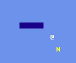 a cornflower blue floor with a white @ and yellow N and a horizontal bar of darker blue indicating a wall that cannot be passed through