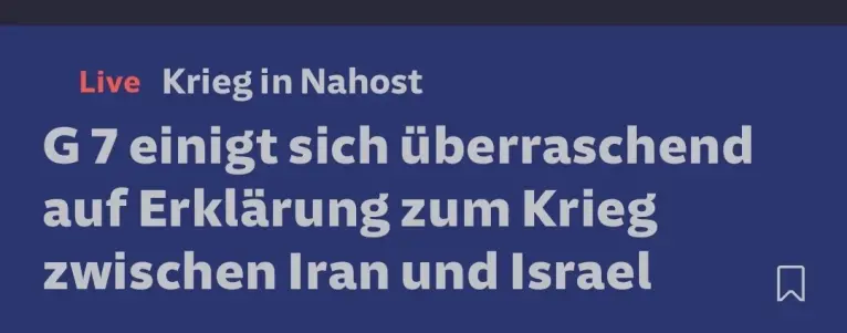 Screenshot aus SZ Online.
"Live: Krieg in Nahost

G7 einigt sich überraschend auf Erklärung zum Krieg zwischen Iran und Israel"

Weiße Schrift auf hellblauem Hintergrund. Das Wort "Live" ist rot.