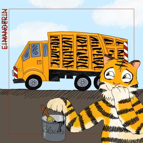 Digitale Zeichnung: im Hintergrund ein orangenes Müllauto, das mit Tigerstreifen in schwarzer Farbe bemalt wurde. Im Vordergrund steht ein kichernder Tiger und hält einen leeren Eimer mit schwarzer Farbe hoch.

Digital drawing: in the background, an orange garbage truck painted with black tiger stripes. In the foreground, a giggling tiger stands holding up an empty bucket of black paint.