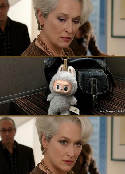 Meme of Miranda Priestly looking deeply unimpressed, followed by Labubu—tiny, wide-eyed, and dressed in a fluffy bunny suit—dangling like it owns the runway.