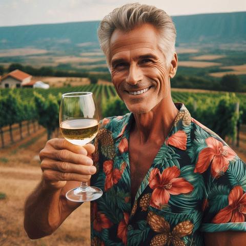 Ein 64 Jahre alter kaukasischer Mann mit sehr kurzen Haaren und einem Aloha Shirt prostet mit einem Glas dem Fotografen zu. Im Hintergrund sind Weinberge zu sehen. Erzeugt mit KI.