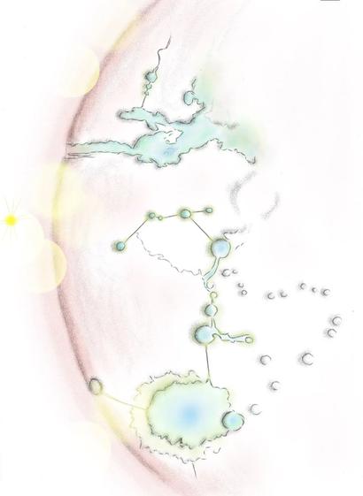 Imaginary landscape of Mars showing g craters filled with water and aqueducts connecting them.