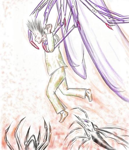 Large flying robot picking up a boy and saving him from other attacking creatures.