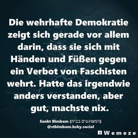 Grüner Hintergrund mit Zitat:"Die wehrhafte Demokratie zeigt sich gerade vor allem darin, dass sie sich mit Händen und Füßen gegen
ein Verbot von Faschisten wehrt. Hatte das irgendwie anders verstanden, aber
gut, machste nix."
(המשוגעים בבית) Sankt Bimbam
@stbimbam.bsky.social

Ein Bild von Wemeze