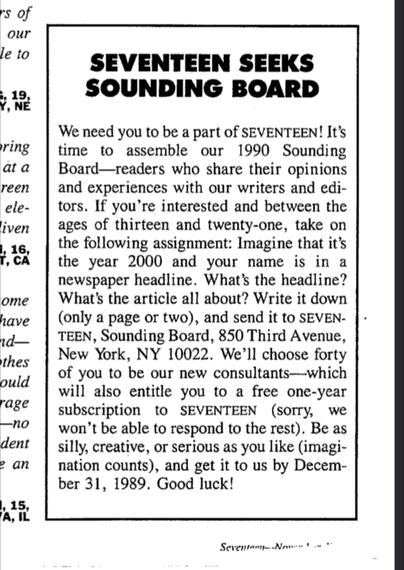 The question 17 magazine asked us to answer was to envision ourselves as president in the year 2000 and what our platform would be.