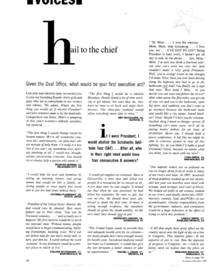 My response:

"The first thing I would change would be human nature. We're all wonderful crea-tures but, unfortunately, we often hurt oth ers instead of help them. I'd make it a law that if you can't say something nice, don't say anything at all. I would not, though, outlaw constructive criticism. You should try to always help a person who needs it."

FRANCES HERROD, 15 
OKLAHOMA CITY, OK

I was a Sassy subscriber.