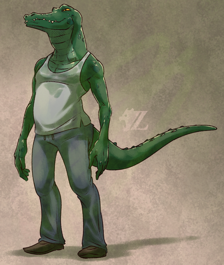 An unnamed anthropomorphic caiman. He is green-blue in color and of a mostly slender build with the exception for his thick neck and a slight belly. He peers off to the side with bright gold eyes as he wears simple, comfortable clothes, including an A-shirt, sweatpants, and loafers. The collar and shoulders of the shirt are damp with sweat, some of the green of his scales showing through the gray fabric.
