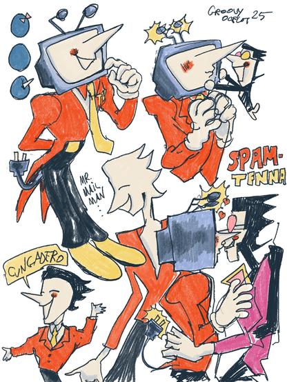 Spamtenna drawings. Tenna with various spamton versions.