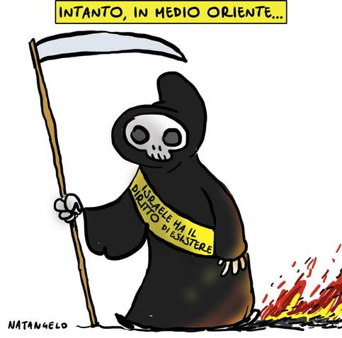'Intanto, in medio oriente...'

Nel disegno, la Morte con addosso una fascia sulla quale c'è la scritta "Israele ha il diritto di esistere", cammina lasciando dietro di sé una striscia infuocata.