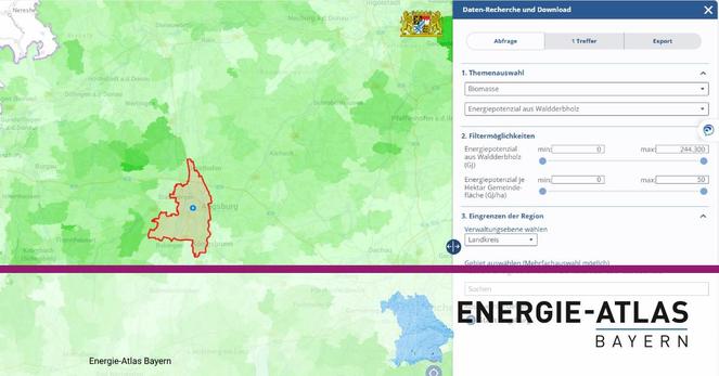 Beispielhafte Ansicht der Karte und Recherchefunktion zum Energiepotenzial von Waldderbholz.