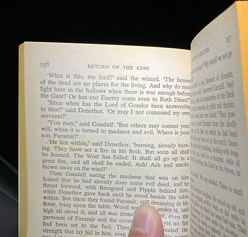 Photo of a paperback version of return of the king with the part of the text, where Gandolf is saving Faramir from being burned alive, but by his father, Denethor.