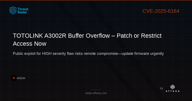 High threat: CVE-2025-6164: Buffer Overflow in TOTOLINK A3002R