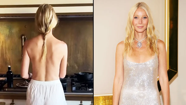 The back of a topless woman, ostensibly frying at a stove. And next to that Paltrow in a dress, presumably to cover the scars.
