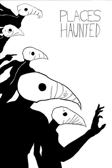 five bird dudes with pitch-black humanoid bodies and white heads. they have collections of unique curving lines on their faces, and large vacant eyes like those of skulls.