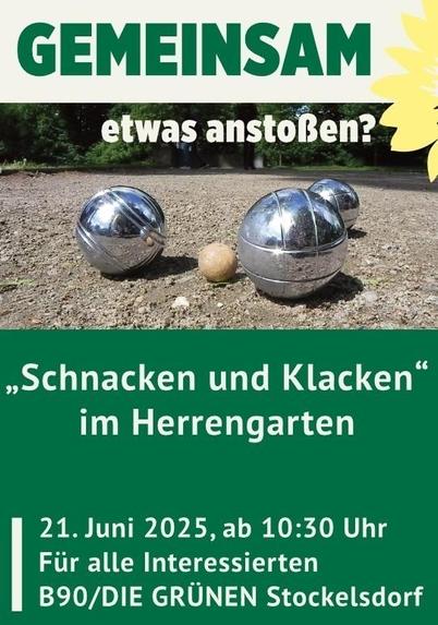 Gemeinsam etwas anstoßen?

"Schnacken und Klacken" im Herrengarten

21. Juni 2025, ab 10:30 Uhr
Für alle Interessierten
Bündnis 90/DIE GRÜNEN Stockelsdorf