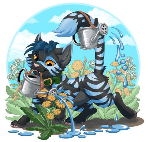 It's my kitty character as feral.
He's carrying two watering cans, one with the tailtip, the other in the mouth.
And he's watering some flowers :3c