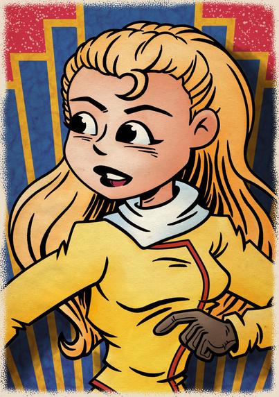 Young woman with long blonde hair wearing a yellow jacket, brown gloves and a white scarf.