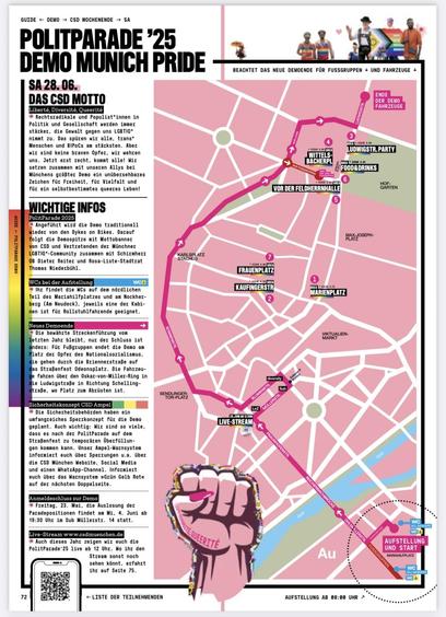 Screenshot aus dem Programm zur Munich Pride mit Wegführung und Ablauf zum CSD. (Seite 72 im Programm)
