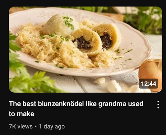 YouTube Video eines Burgenländer Kochs mit der automatischen Übersetzung des Titels "The best blunzenknödel like grandma used to make"