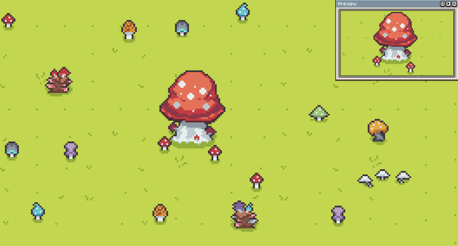 A pixel art scene containing mushrooms on a bright green grass background. In the middle, there's a big red mushroom tree, now with way better shading than before :)
