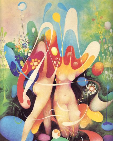 there are two simple figures of human bodies in the middle that warp and stretch and transform in the top half of their body, maybe like if you had a man and woman made of chewed gum and you pulled on and twisted the head and arms and then stuck them together.  All around them are colored ovoid shapes and flower and plant shapes that seem alien and unreal in the way they are put together and the way they wind around each other.  There seems to be a dark chasm in a meadow behind them, but it's abstract, there are no details that indicate that it is meant to be a part of any real environment