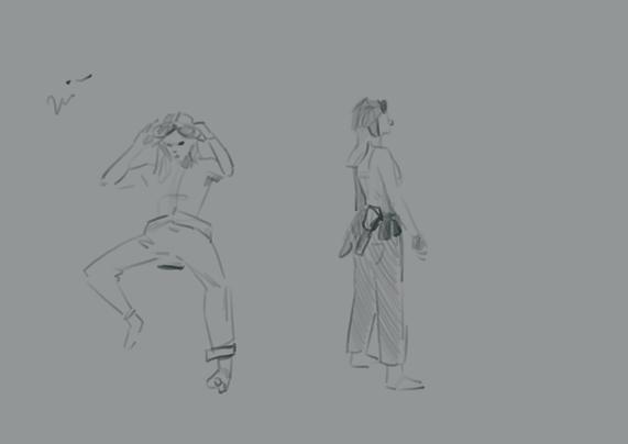 The image features two sketched characters. On the left, a person appears to be in a dynamic pose, sitting , adjusting a pair of goggles. On the right, another character stands facing sideways, wearing a simple outfit with a belt.