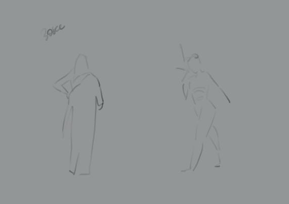 A minimalistic sketch of two figures. The figure on the left is facing away, wearing a flowing garment, while the figure on the right is in a dynamic pose, with one arm raised and holding an object. Their shapes are really rough and in lose lines