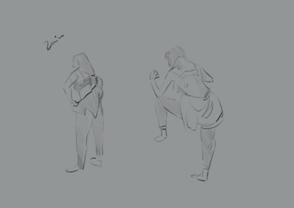 The image features two stylized sketches of figures, one standing with hands on hips facing away and the other in a crouching position also facing away from the viewer. The figures are depicted with minimal detail