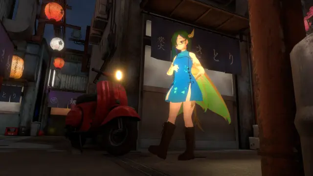 VR photo of my VRChat main character, Sola, in her Fairy Dragon form (anime girl with green-blue hair, glasses, draconic scales, fairy wings).
She's exploring some back alleys of a japanese-style town.