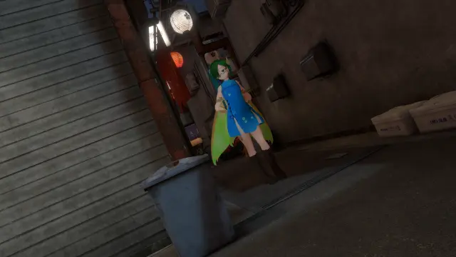 VR photo of my VRChat main character, Sola, in her Fairy Dragon form (anime girl with green-blue hair, glasses, draconic scales, fairy wings).
She's exploring some back alleys of a japanese-style town.