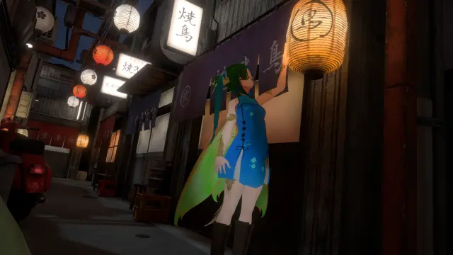 VR photo of my VRChat main character, Sola, in her Fairy Dragon form (anime girl with green-blue hair, glasses, draconic scales, fairy wings).
She's exploring some back alleys of a japanese-style town.