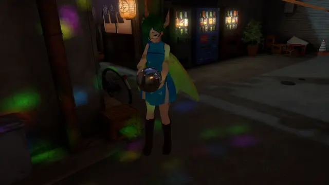 VR photo of my VRChat main character, Sola, in her Fairy Dragon form (anime girl with green-blue hair, glasses, draconic scales, fairy wings).
She's exploring some back alleys of a japanese-style town.