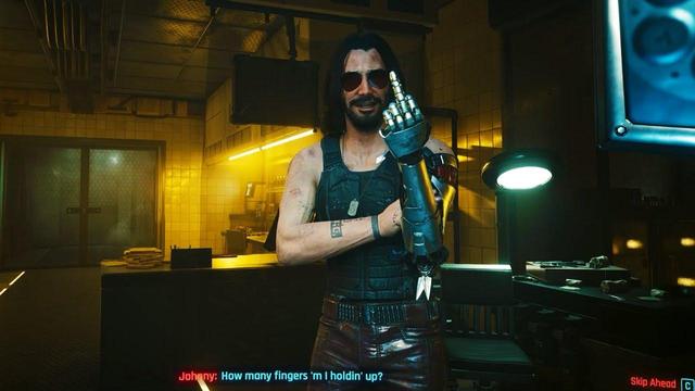 Johnny Silverhand (Keanu Reeves) pregunta cuántos dedos puedes ver mientras levanta el dedo corazón.