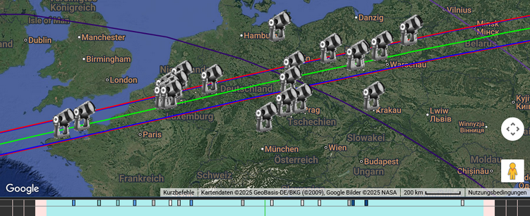 24 stations have announced so far their plans to observe the occultation by asteroid (893) Leopoldina. The colours of the marks on the graphic indicate cloud cover. Blue = clear sky, white = clouds.