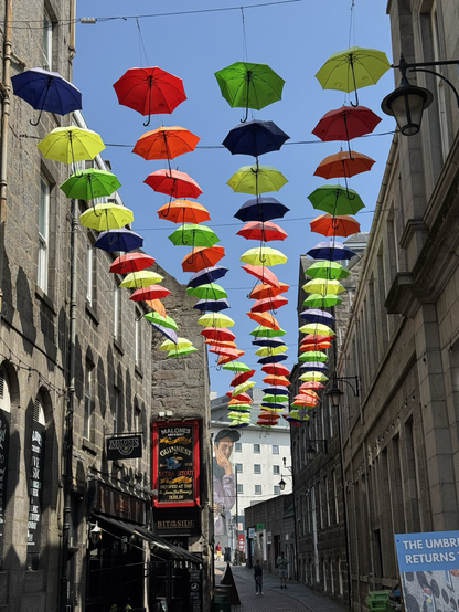 Multicoloured umbrellas suspended in rows above street on a dry sunny day last week.