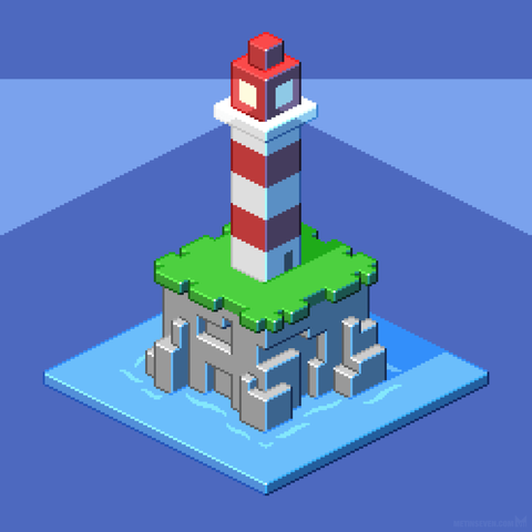 Minimalistic, isometric voxel / pixel art, depicting a lighthouse surrounded by a piece of sea.
