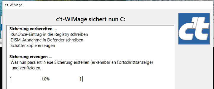 Screenshot des c't-WIMage Tools bei der Arbeit