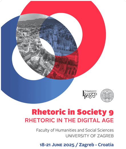 Grafik in blau-rot auf weißem Grund mit Bild von Zagreb, darunter der Text "Rhetoric in Society 9 - RHETORIC IN THE DIGITAL AGE. Faculty of Humanities and Social Sciences, University of Zagreb. 18-21 June 2025 / Zagreb - Croatia"